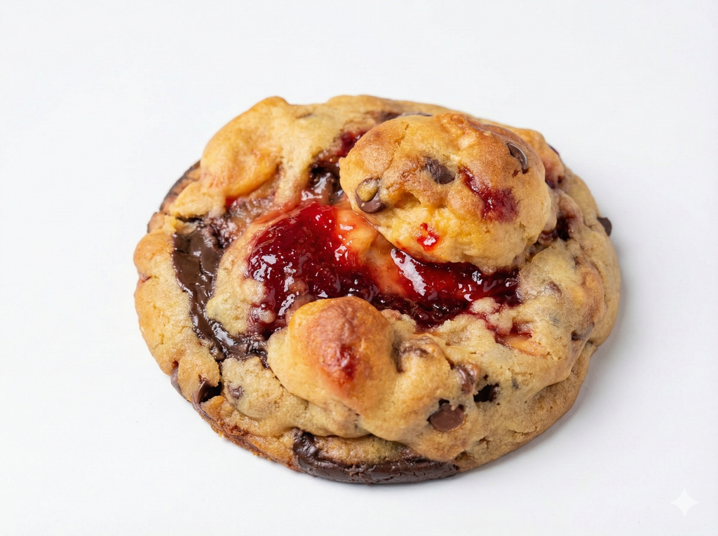 Levain-Style Strawberry Jam Explosion Cookie is a thick bakery-style chunky cookie with a soft, gooey centr
