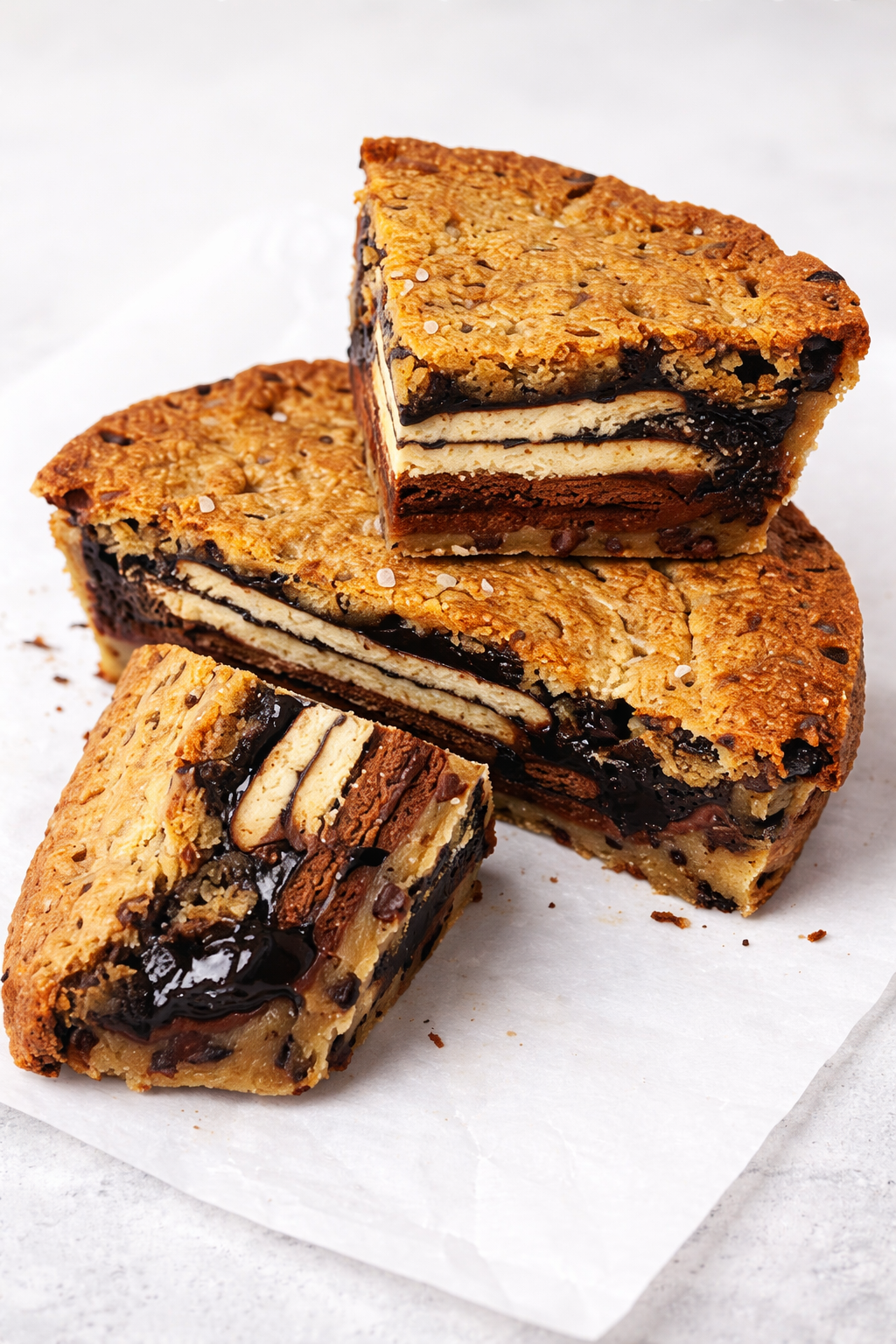 Singapore halal Stack of cookie pie slices bars with visible layers on a white surface