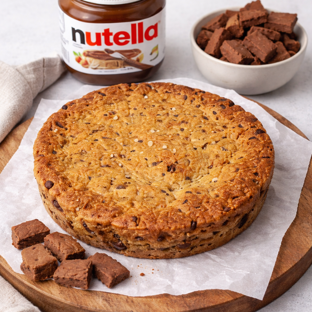 Singapore halal Cookie pie cake on a wooden board with Nutella jar and chocolate pieces in the background