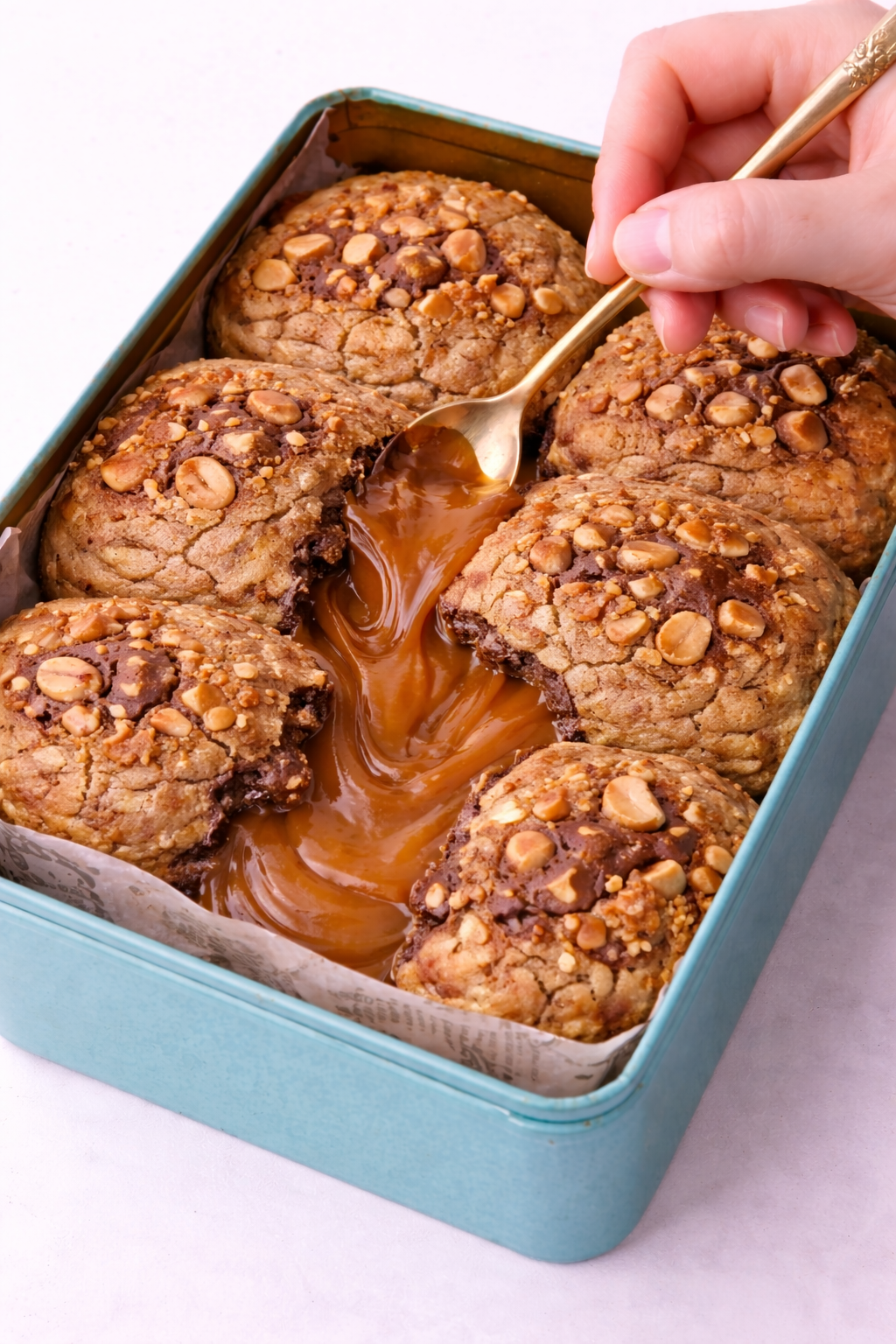 Peanut Butter Dubai Tin Cookies with caramel filling being served from a tin 