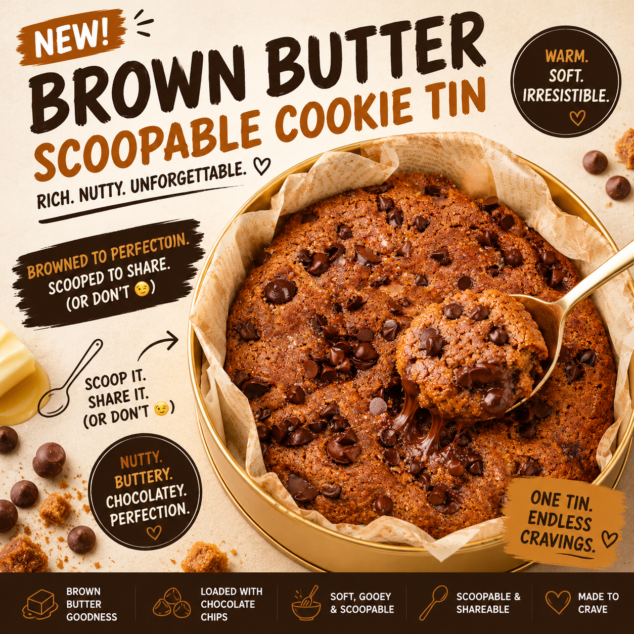 Brown butter chocolate chip scoopable cookie tin by Forbidden Bite Singapore