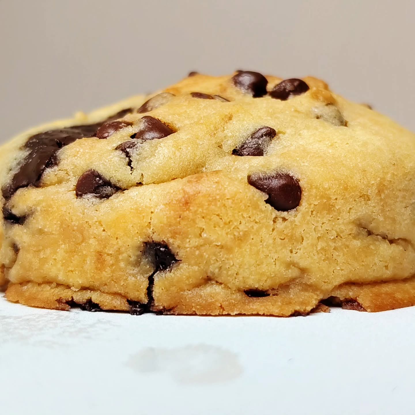 Singapore halal Close-up of a chocolate chip cookie on a white surface with a neutral background