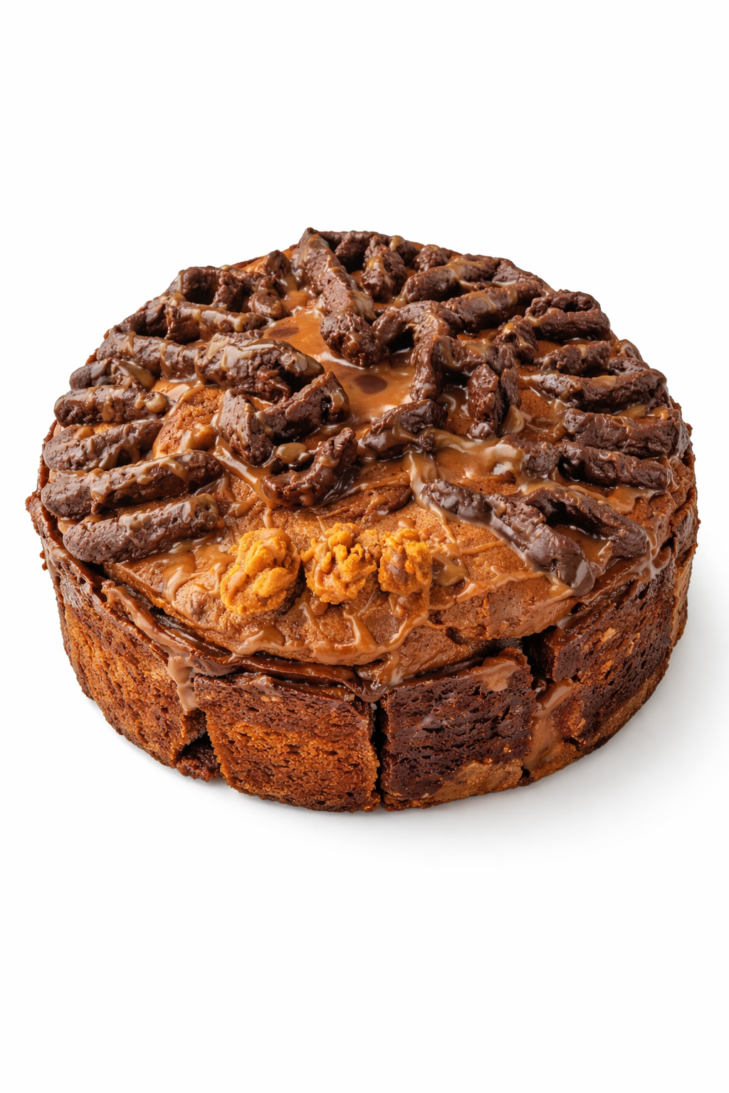 This is an indulgence cake, not for everyone, its caramel all over, we crack the code on Werther's Original Caramel, this is covered with it, inside and out. When you cut the cake, there will be the moist brownie cake with pockets of caramel mixed in chocolate, then you get a layer of super fudgy yule style brownie and, the soft cookie bark. Truly one crazy over the top cake!&nbsp;

Messy by design. Indulgent by intention.