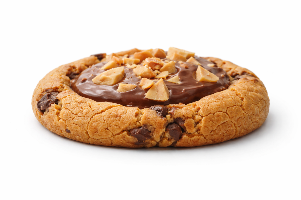 The Nutella Crown Cookie was born when we decided Nutella deserved centre stage — not hidden, not swirled, but sitting boldly in the middle like the main character it is. We baked a rich, buttery chocolate chunk cookie, pressed a crown-shaped well into it, filled it generously with smooth Nutella, then topped it with roasted hazelnut chunks because royalty needs jewels.