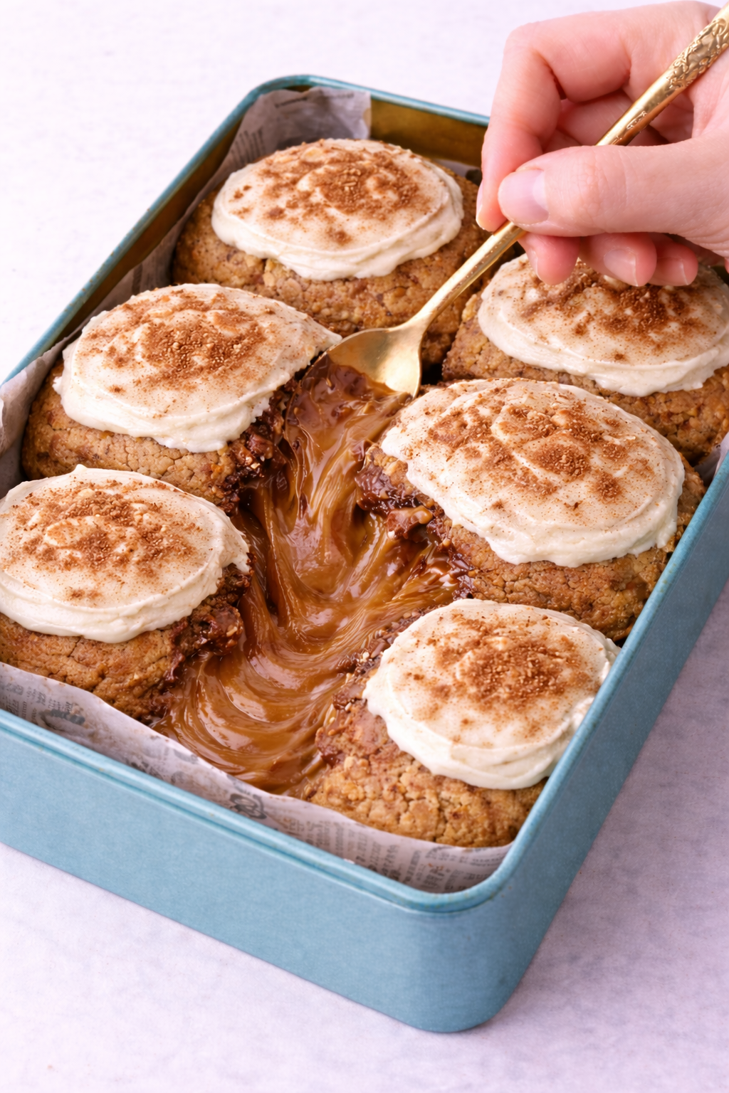 Stuffed Cinnamon Roll Cookie Tin (Cream Cheese + Molten Caramel Core)