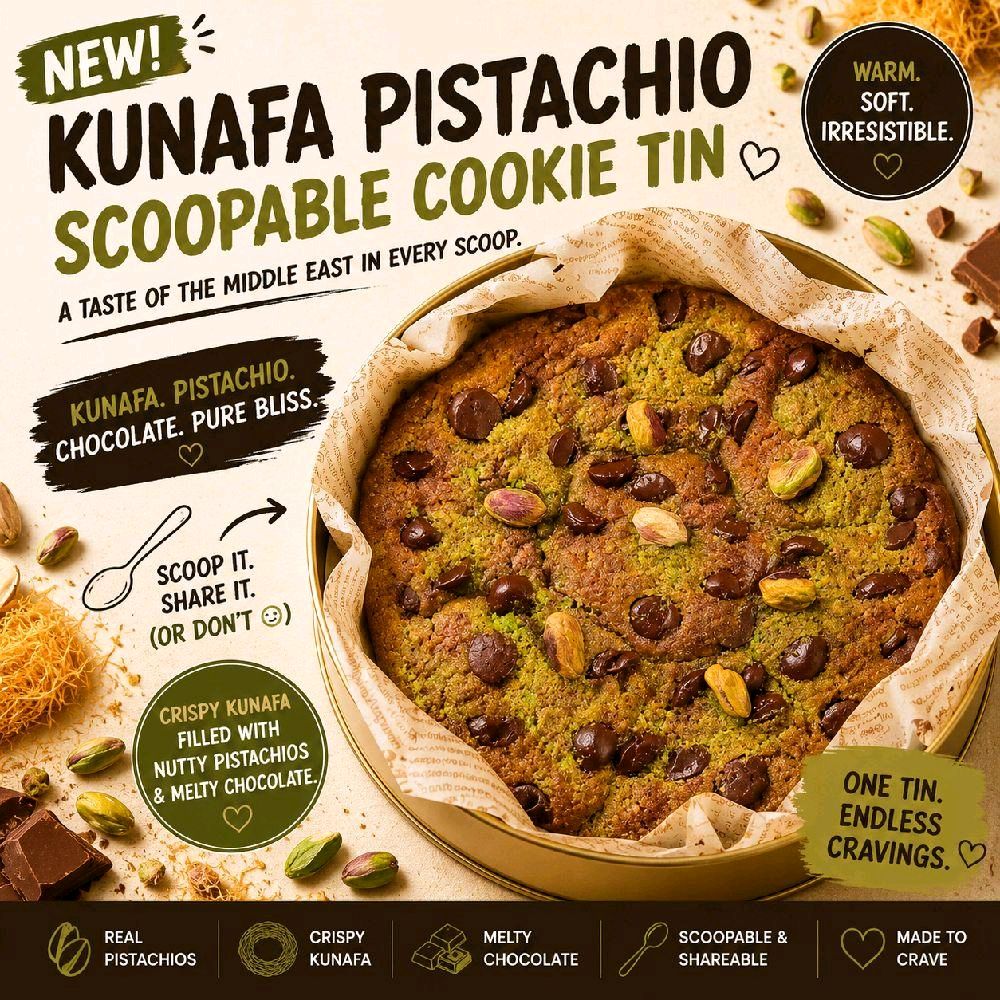 Dubai chocolate pistachio kunafa scoopable cookie tin by Forbidden Bite Singapore